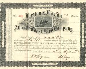 Boston & Florida Atlantic Coast Land Company stock certificate issued in 1924