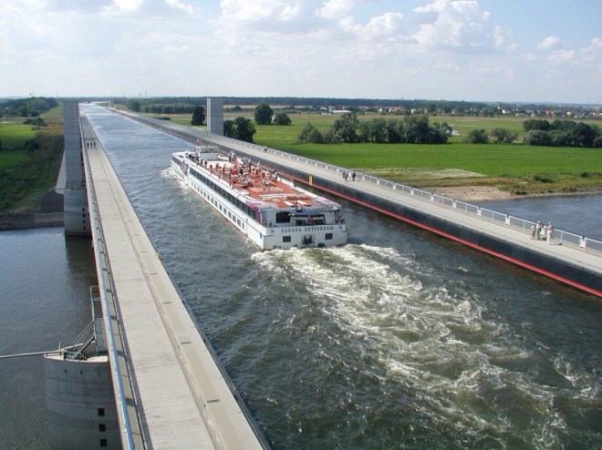 In Germany,  in 2003 the Magdeburg Water Bridge connected the Elbe-Haver Canal and the Mittelland Canal, saving time and distance in the transfer of cargo.