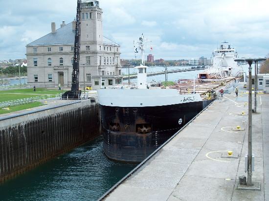 Great Lakes Freighter locking throug one of the Soo Locks,&nbsp;Michigan﻿