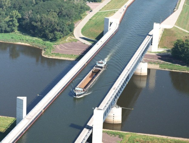 Concrete water bridges over a perpendicular water bridge with a hopper filled with  gran